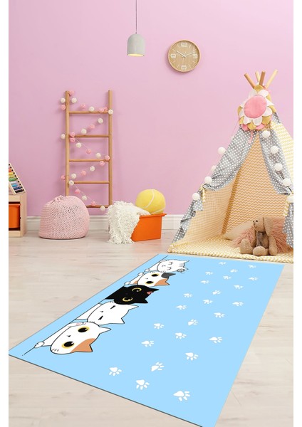 Sevimli Kediler Baskılı Yıkanabilir Kaymaz Çocuk Odası Halısı, Çocuk-49-Mavi, modelleri