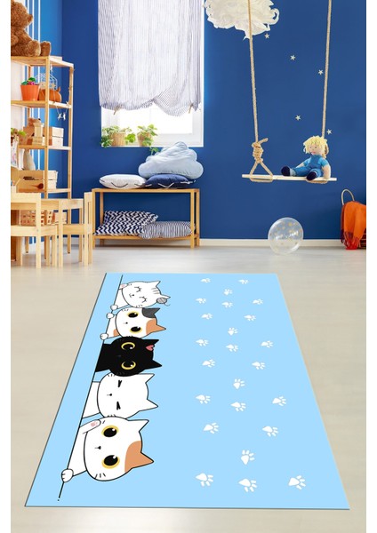 Sevimli Kediler Baskılı Yıkanabilir Kaymaz Çocuk Odası Halısı, Çocuk-49-Mavi, fırsatları
