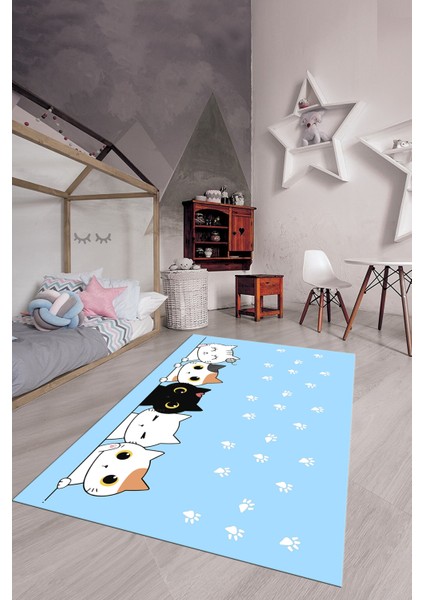 Sevimli Kediler Baskılı Yıkanabilir Kaymaz Çocuk Odası Halısı, Çocuk-49-Mavi, indirimleri