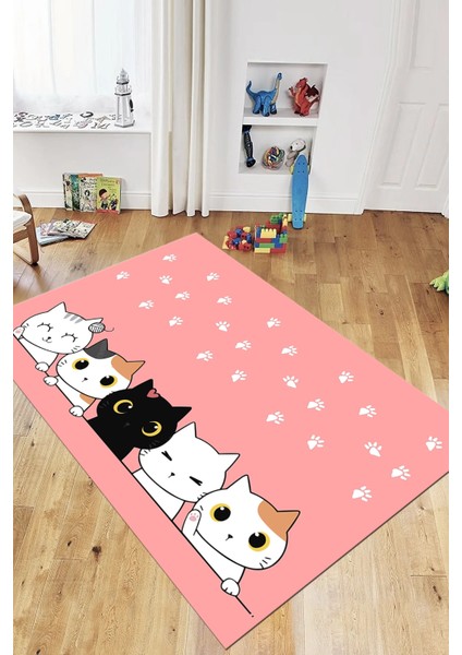 Sevimli Kediler Baskılı Yıkanabilir Kaymaz Çocuk Odası Halısı, Çocuk-49-Pembe,