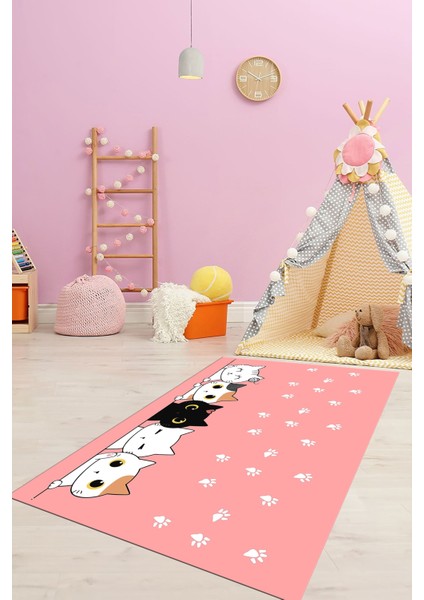 Sevimli Kediler Baskılı Yıkanabilir Kaymaz Çocuk Odası Halısı, Çocuk-49-Pembe,