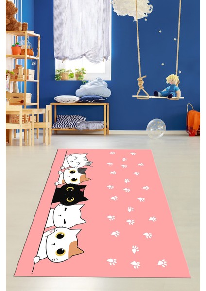 Sevimli Kediler Baskılı Yıkanabilir Kaymaz Çocuk Odası Halısı, Çocuk-49-Pembe,