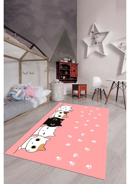 Sevimli Kediler Baskılı Yıkanabilir Kaymaz Çocuk Odası Halısı, Çocuk-49-Pembe,