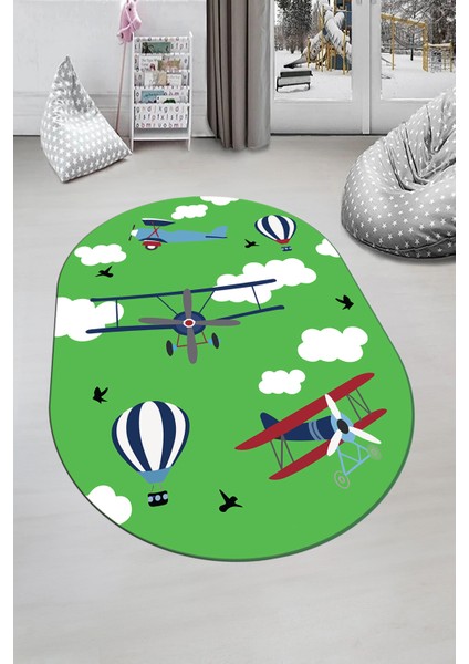 Dijital Baskılı Kaymaz Yıkanabilir Bulut Uçak Desenli Oval Çocuk Odası Halısı, O-Çocuk-23-Yeşil, modelleri