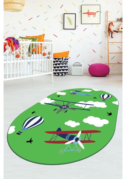 Dijital Baskılı Kaymaz Yıkanabilir Bulut Uçak Desenli Oval Çocuk Odası Halısı, O-Çocuk-23-Yeşil, fırsatları
