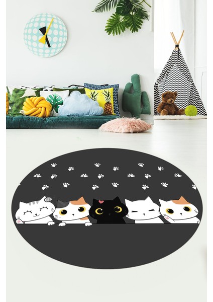 Sevimli Kediler Baskılı Yıkanabilir Kaymaz Yuvarlak Çocuk Odası Halısı, Y-Çocuk-49-Antrasit,