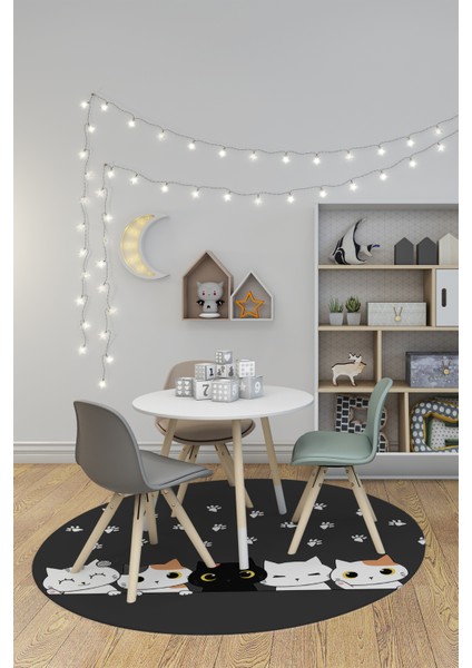 Sevimli Kediler Baskılı Yıkanabilir Kaymaz Yuvarlak Çocuk Odası Halısı, Y-Çocuk-49-Antrasit, fiyatları