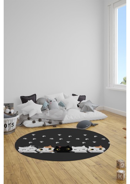 Sevimli Kediler Baskılı Yıkanabilir Kaymaz Yuvarlak Çocuk Odası Halısı, Y-Çocuk-49-Antrasit, modelleri