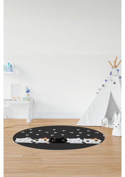 Sevimli Kediler Baskılı Yıkanabilir Kaymaz Yuvarlak Çocuk Odası Halısı, Y-Çocuk-49-Antrasit, fırsatları