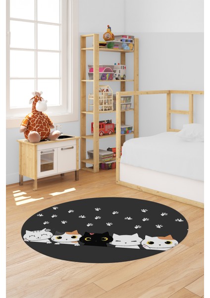 Sevimli Kediler Baskılı Yıkanabilir Kaymaz Yuvarlak Çocuk Odası Halısı, Y-Çocuk-49-Antrasit, indirimleri