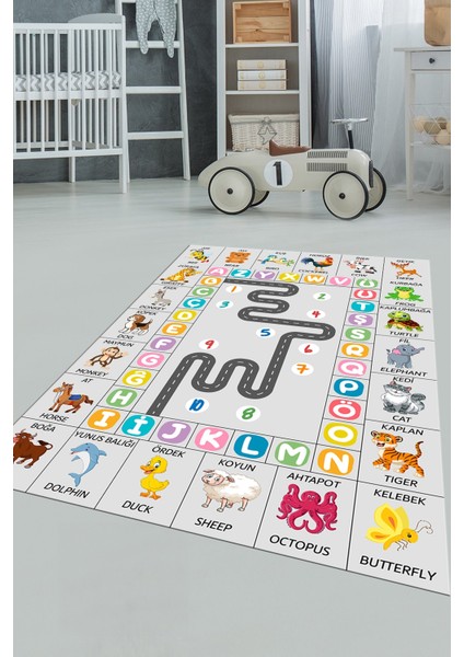 Ingilizce Harf ve Hayvan Temalı Eğitici Çocuk Odası Oyun Halısı, Çocuk-44-Renlki,