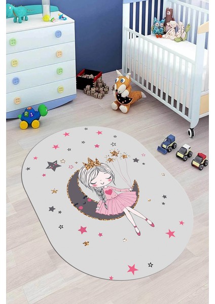 Kaymaz Taban Yıkanabilir Ayda Oturan Prenses Desenli Oval Çocuk Odası Halısı, O-Çocuk-13-Gri,