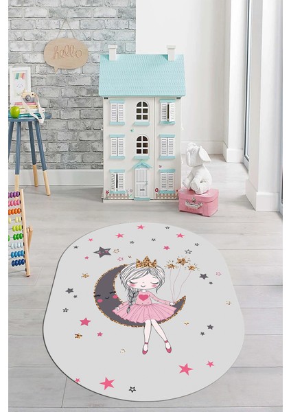 Kaymaz Taban Yıkanabilir Ayda Oturan Prenses Desenli Oval Çocuk Odası Halısı, O-Çocuk-13-Gri, fiyatları