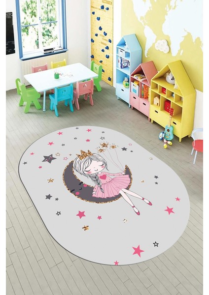 Kaymaz Taban Yıkanabilir Ayda Oturan Prenses Desenli Oval Çocuk Odası Halısı, O-Çocuk-13-Gri, modelleri