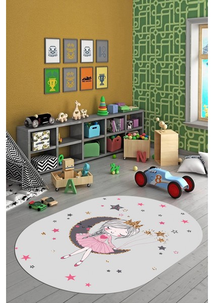 Kaymaz Taban Yıkanabilir Ayda Oturan Prenses Desenli Oval Çocuk Odası Halısı, O-Çocuk-13-Gri, fırsatları