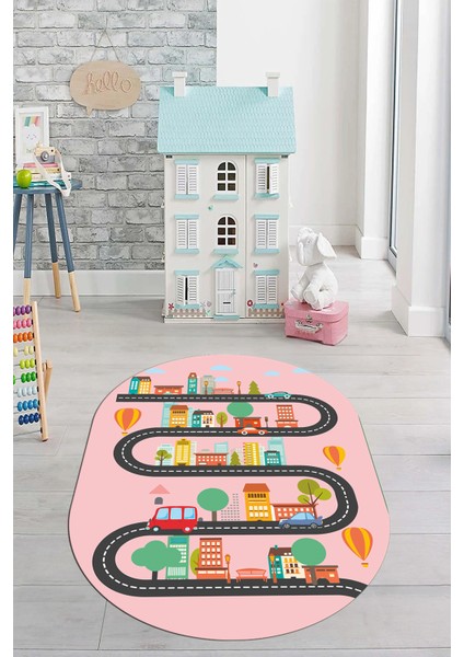 Kaymaz Taban Yıkanabilir Trafik Araba Eğlendirici Oval Çocuk Odası Halısı, O-Çocuk-18-Pembe,