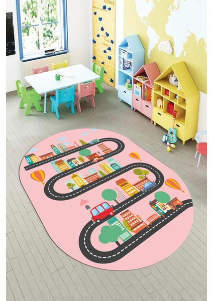 Kaymaz Taban Yıkanabilir Trafik Araba Eğlendirici Oval Çocuk Odası Halısı, O-Çocuk-18-Pembe, fiyatları