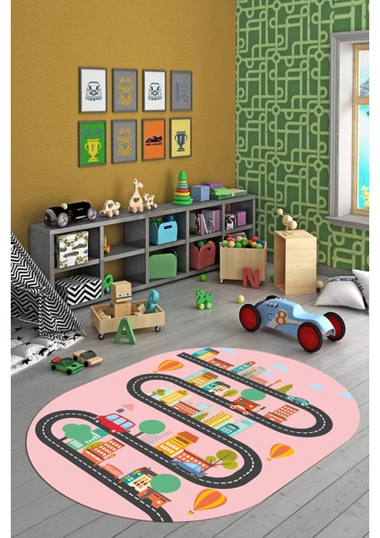 Kaymaz Taban Yıkanabilir Trafik Araba Eğlendirici Oval Çocuk Odası Halısı, O-Çocuk-18-Pembe, modelleri