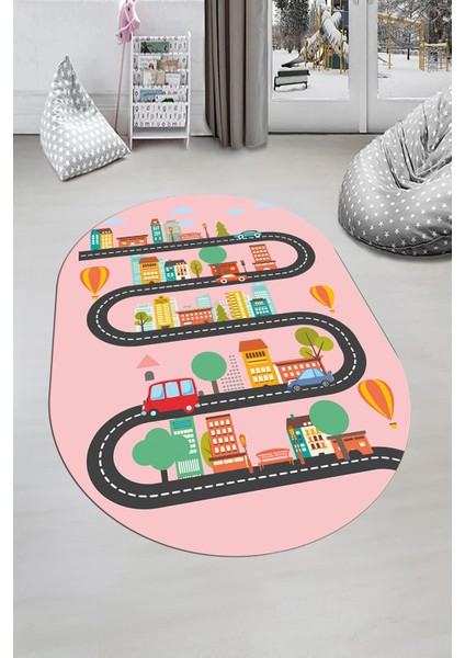 Kaymaz Taban Yıkanabilir Trafik Araba Eğlendirici Oval Çocuk Odası Halısı, O-Çocuk-18-Pembe, fırsatları