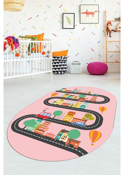 Kaymaz Taban Yıkanabilir Trafik Araba Eğlendirici Oval Çocuk Odası Halısı, O-Çocuk-18-Pembe, indirimleri