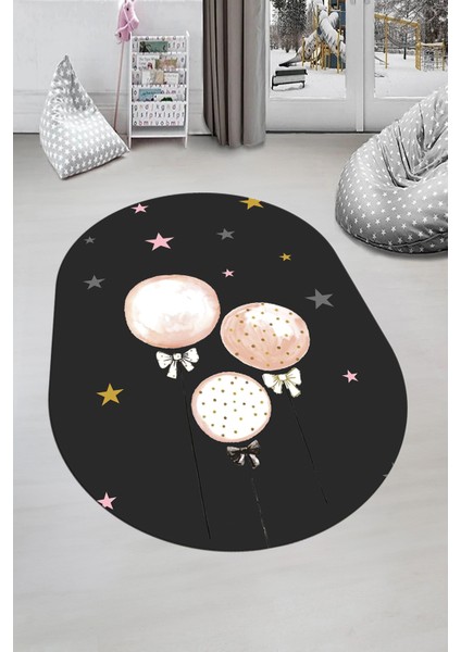 Dijital Baskılı Kaymaz Yıkanabilir Balon Yıldız Desenli Oval Çocuk Odası Halısı, O-Çocuk-24-Antrasit, modelleri