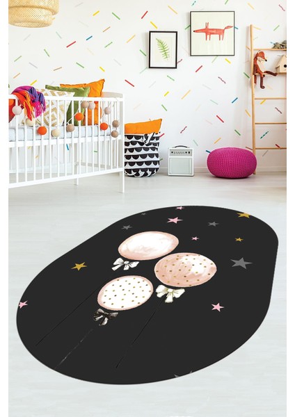 Dijital Baskılı Kaymaz Yıkanabilir Balon Yıldız Desenli Oval Çocuk Odası Halısı, O-Çocuk-24-Antrasit, fırsatları