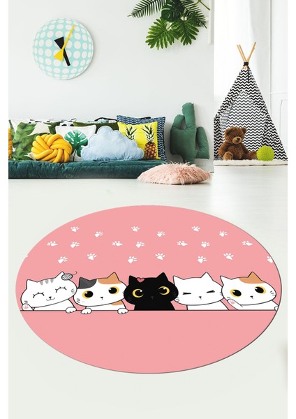 Sevimli Kediler Baskılı Yıkanabilir Kaymaz Yuvarlak Çocuk Odası Halısı, Y-Çocuk-49-Pembe,