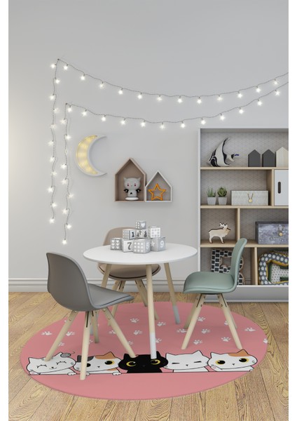 Sevimli Kediler Baskılı Yıkanabilir Kaymaz Yuvarlak Çocuk Odası Halısı, Y-Çocuk-49-Pembe, fiyatları