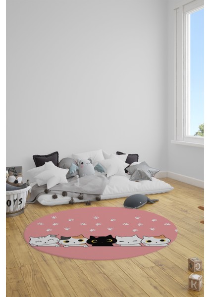 Sevimli Kediler Baskılı Yıkanabilir Kaymaz Yuvarlak Çocuk Odası Halısı, Y-Çocuk-49-Pembe, modelleri