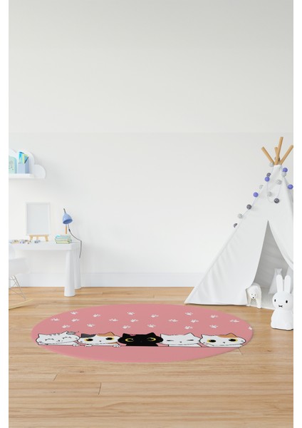 Sevimli Kediler Baskılı Yıkanabilir Kaymaz Yuvarlak Çocuk Odası Halısı, Y-Çocuk-49-Pembe, fırsatları