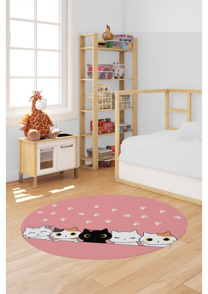 Sevimli Kediler Baskılı Yıkanabilir Kaymaz Yuvarlak Çocuk Odası Halısı, Y-Çocuk-49-Pembe,