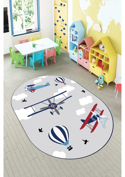 Dijital Baskılı Kaymaz Yıkanabilir Bulut Uçak Desenli Oval Çocuk Odası Halısı, O-Çocuk-23-Gri,