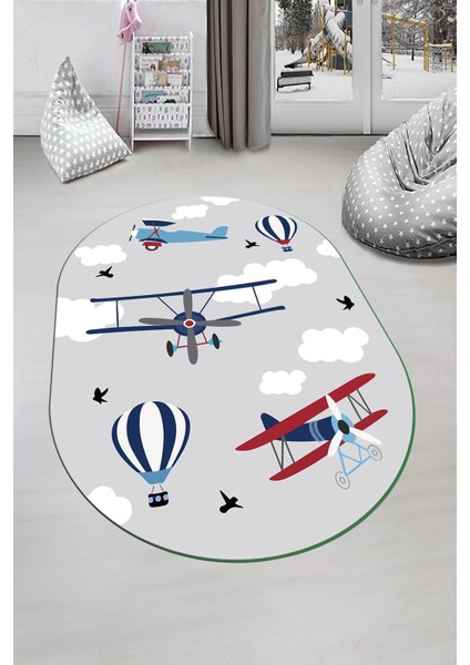Dijital Baskılı Kaymaz Yıkanabilir Bulut Uçak Desenli Oval Çocuk Odası Halısı, O-Çocuk-23-Gri, modelleri