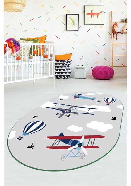 Dijital Baskılı Kaymaz Yıkanabilir Bulut Uçak Desenli Oval Çocuk Odası Halısı, O-Çocuk-23-Gri, fırsatları