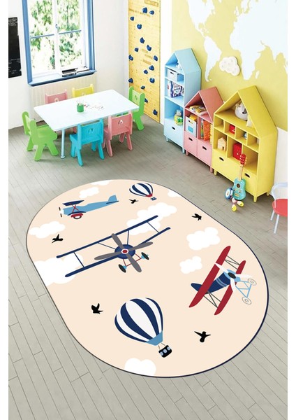 Dijital Baskılı Kaymaz Yıkanabilir Bulut Uçak Desenli Oval Çocuk Odası Halısı, O-Çocuk-23-Krem,