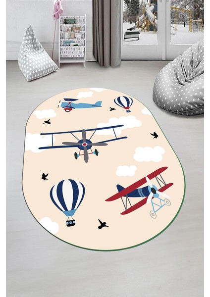Dijital Baskılı Kaymaz Yıkanabilir Bulut Uçak Desenli Oval Çocuk Odası Halısı, O-Çocuk-23-Krem, modelleri