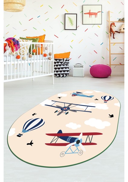 Dijital Baskılı Kaymaz Yıkanabilir Bulut Uçak Desenli Oval Çocuk Odası Halısı, O-Çocuk-23-Krem, fırsatları