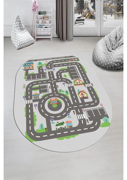 Kaymaz Taban Yıkanabilir Trafik Yol Desen Eğlendirici Oval Çocuk Odası Halısı, O-Çocuk-17-Gri,