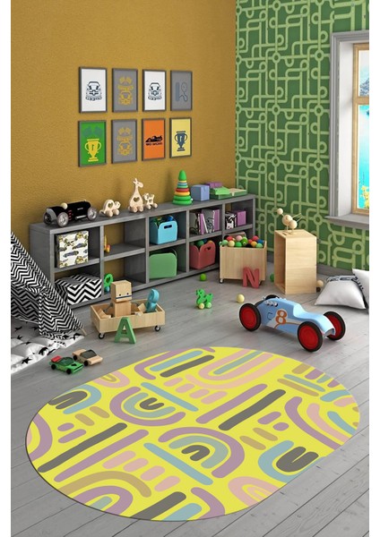 Dijital Baskılı Kaymaz Taban Yıkanabilir Renkli Oval Çocuk Odası Halısı, O-Çocuk-26-Sarı,