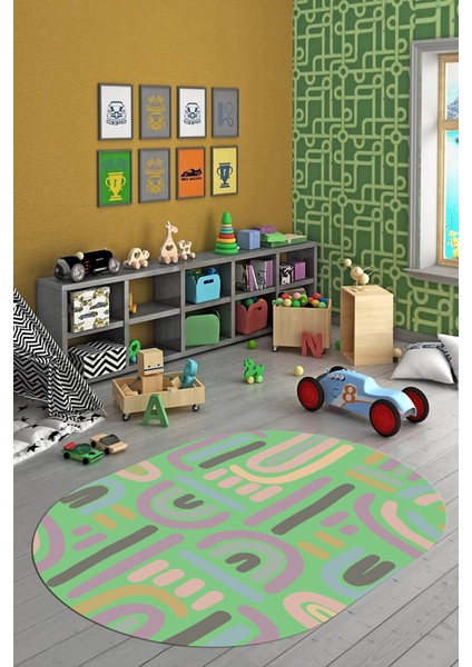 Dijital Baskılı Kaymaz Taban Yıkanabilir Renkli Oval Çocuk Odası Halısı, O-Çocuk-26-Yeşil,