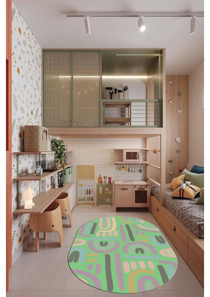 Dijital Baskılı Kaymaz Taban Yıkanabilir Renkli Oval Çocuk Odası Halısı, O-Çocuk-26-Yeşil, fırsatları