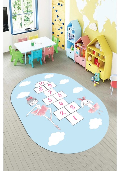 Dijital Baskılı Kaymaz Yıkanabilir Seksekli Bulutlu Oval Çocuk Odası Halısı, O-Çocuk-04-Mavi,