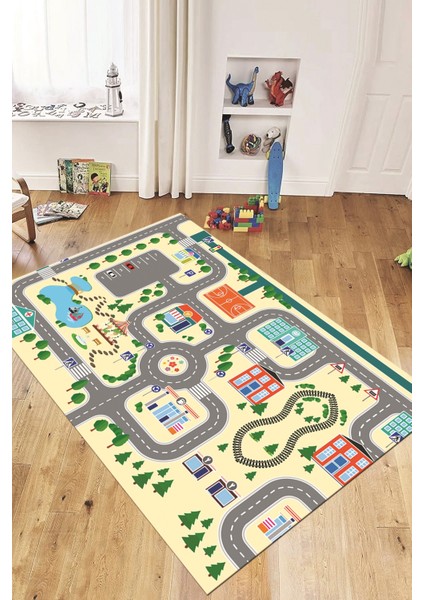 Trafik Yollu Arabalı Yıkanabilir Eğlendirici Çocuk Odası Oyun Halısı, Çocuk-47-Krem,