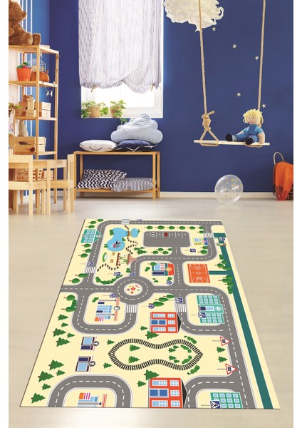 Trafik Yollu Arabalı Yıkanabilir Eğlendirici Çocuk Odası Oyun Halısı, Çocuk-47-Krem, fırsatları