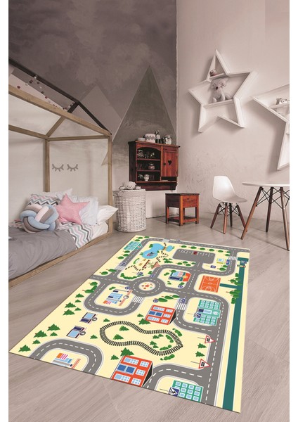 Trafik Yollu Arabalı Yıkanabilir Eğlendirici Çocuk Odası Oyun Halısı, Çocuk-47-Krem, indirimleri