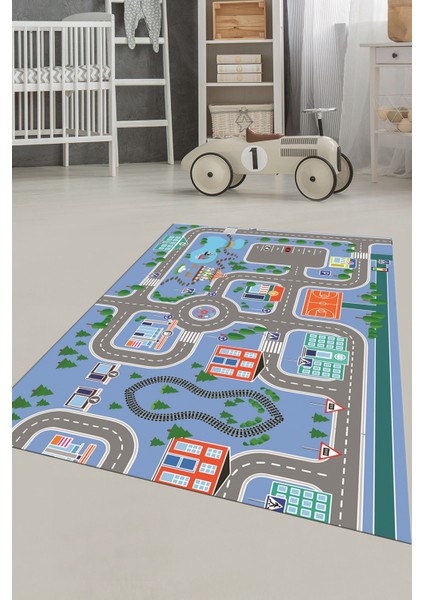 Trafik Yollu Arabalı Yıkanabilir Eğlendirici Çocuk Odası Oyun Halısı, Çocuk-47-Mavi, fiyatları