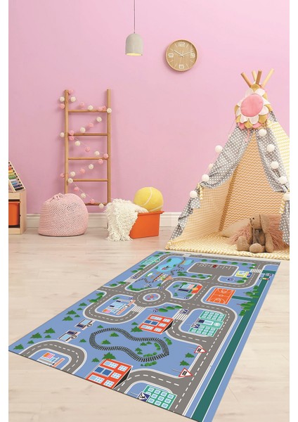 Trafik Yollu Arabalı Yıkanabilir Eğlendirici Çocuk Odası Oyun Halısı, Çocuk-47-Mavi, modelleri