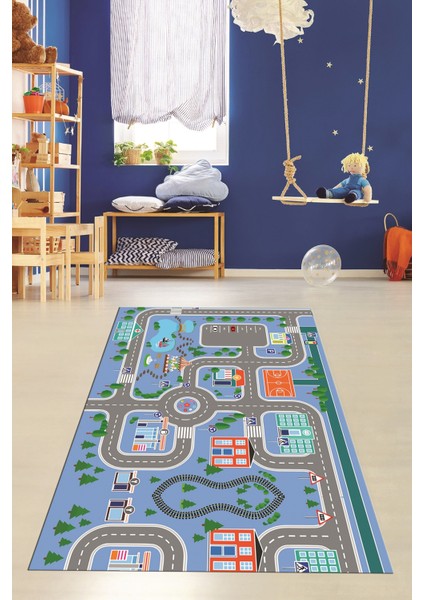 Trafik Yollu Arabalı Yıkanabilir Eğlendirici Çocuk Odası Oyun Halısı, Çocuk-47-Mavi, fırsatları