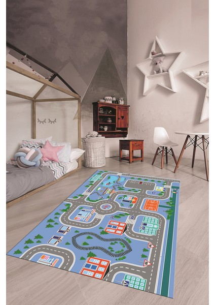 Trafik Yollu Arabalı Yıkanabilir Eğlendirici Çocuk Odası Oyun Halısı, Çocuk-47-Mavi, indirimleri