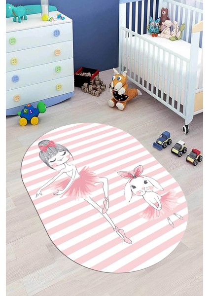Dijital Baskılı Kaymaz Yıkanabilir Balerin Kız Desenli Oval Çocuk Odası Halısı, O-Çocuk-09-Pembe,